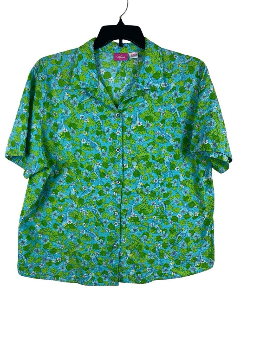 Papagallo Woman Seersucker Tropical Parrot Shirt Womens 2X Blue Green Button Up